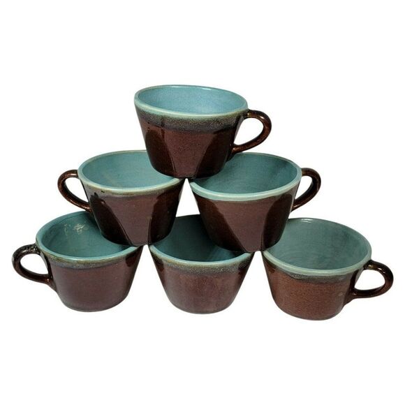 Set 6 Lot Red Wing Pottery Village Brown USA Vintage Coffee Mug Teal Green Blue - Picture 1 of 7